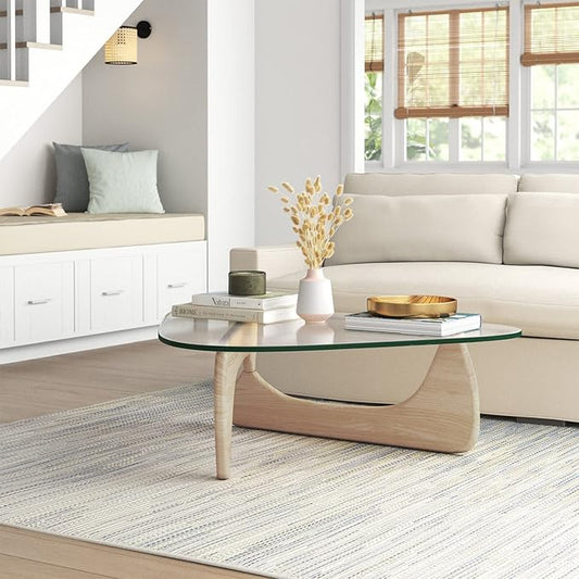 Noguchi Table Triangle Glass Coffee Table Vintage Glass End Table, Solid Wood Base & Triangle Clear Glass Top Modern End Table for Living Room, Patio, Study