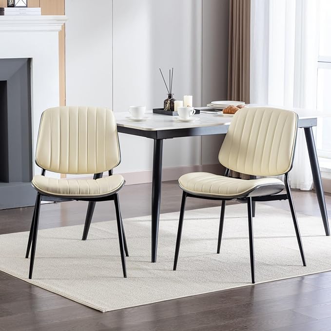 Dining Chairs Set of 4, Mid Century Modern Accent Dining Room and Kitchen Chairs, Upholstered PU Leather Vertical Stripe Chairs for Vanity with Walnut Bentwood and Metal Legs, Beige
