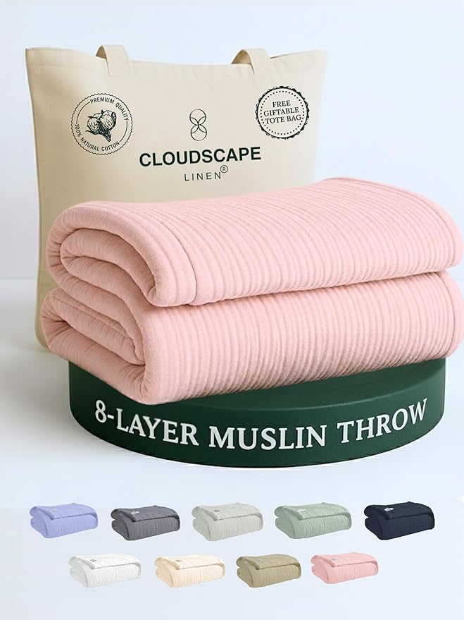 Cloud Scape Linen Extra Large 8 Layer Muslin Throw Blanket - 100% Cotton Gauze, Soft and Breathable, Winter Blanket for Couch, Sofa and Bed, Idea, 50x70, Seashell Pink