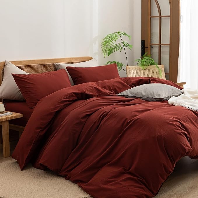 BESTOUCH Duvet Cover Set 100% Washed Cotton Linen Feel Super Soft Comfortable Chic Lightweight 3 PCs Home Bedding Set Solid Fired Brick Red Cal King