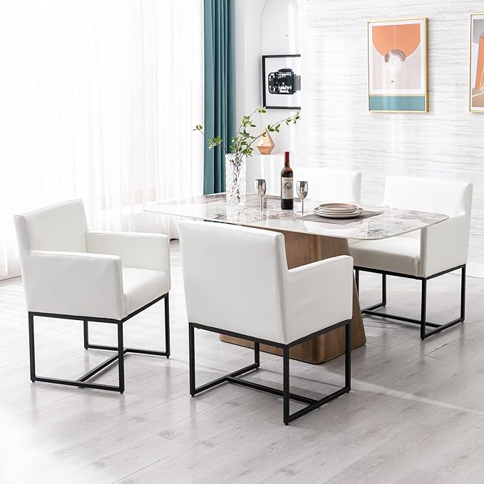 Set of 4 Upholstered Dining Chairs with Armrest, PU Leather Modern Accent Armchairs, Kitchen & Dining Room Chairs Side Chairs, White