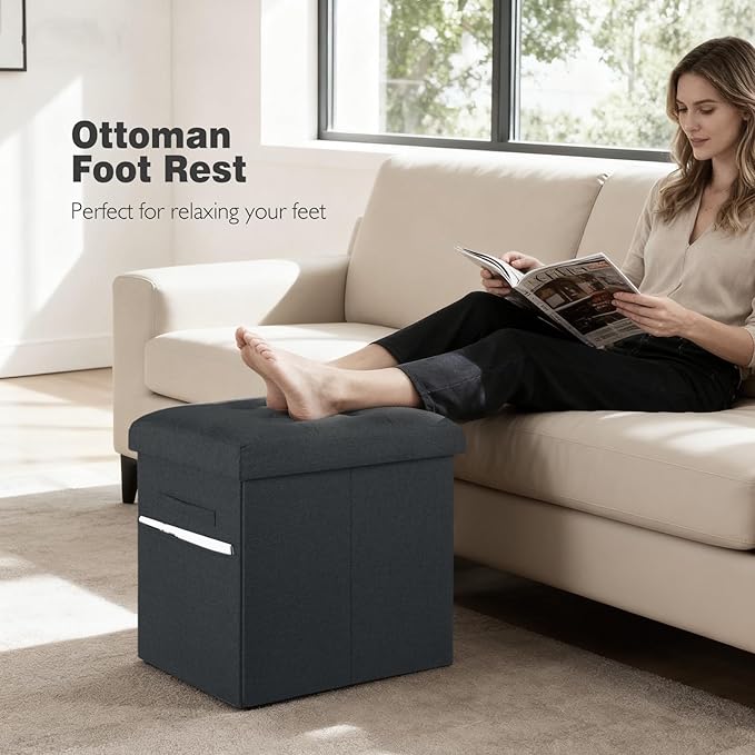Storage Ottoman Foot Rest with Thicker Foam Padded Seat. 61L Slim Tall Small Bench with Storage. Linen Folding Footstool Bench for Living Room, Bedroom. 350lbs Load Capacity, 17x13x17in, Gray Black