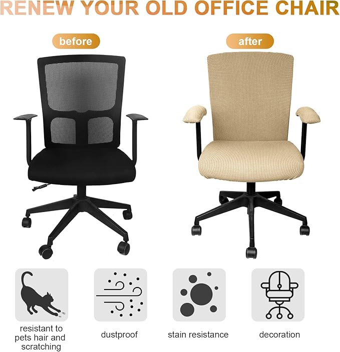 Tallew 4 Pcs Office Chair Covers Set Computer Universal Protective Stretchable Chair Seat Covers Desk Armrest Slipcovers Pads Office Cushion Backrest for Rotating (XL,Camel)