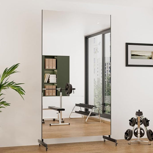 brisafe Home Gym Mirror 360° Swivel on Wheels, 75" X 47" Extra Large Full Body Rolling for Yoga, Nano Film Super Lightweight Unbreakable Full Length Mirror, （Black）