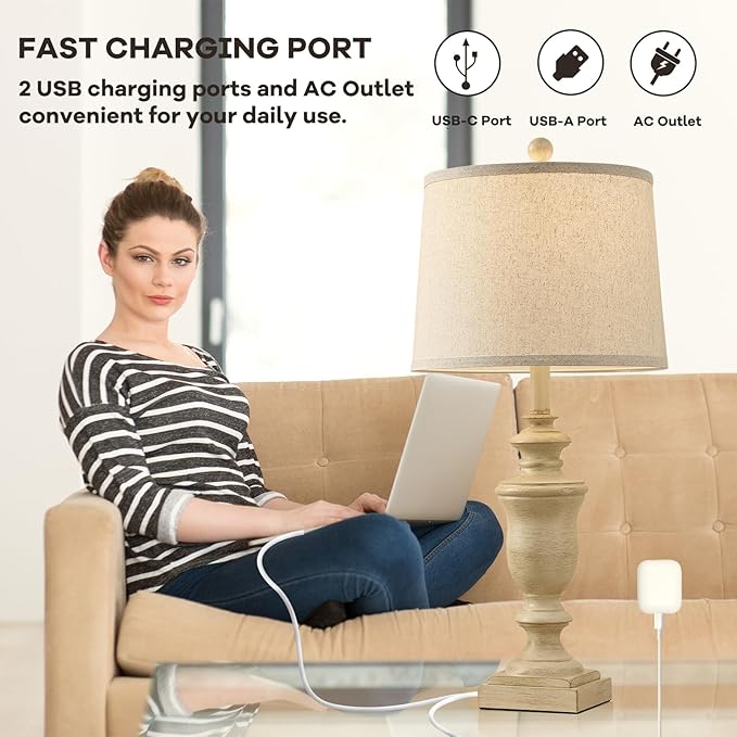 27.5" Vintage Farmhouse Table Lamps Set of 2 Bedside Lamp, 3 Way Dimmable Bedroom Lamps with 2 USB Ports +AC Outlet Nightstand Lamp Rustic Lamp (Rotary-Antique Beige)