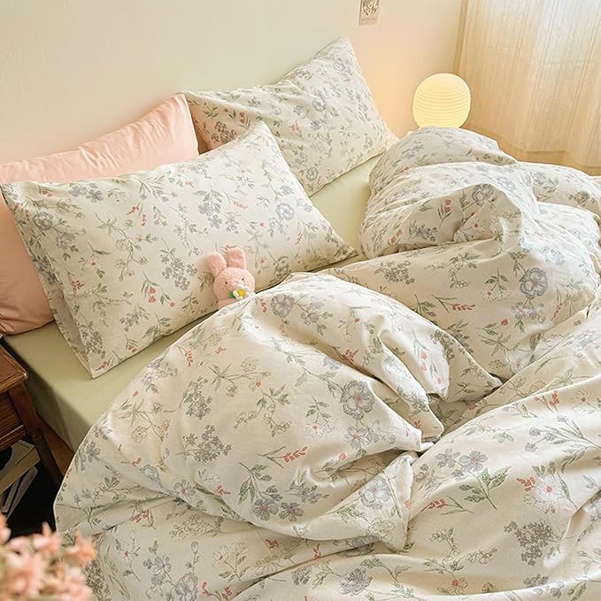 EAVD Garden Floral Comforter Set King Size Bed Soft Fluffy Chic Cute Floral Print Bedding Set 3 Pieces Cottagecore Botanical Comforter Set with 2 Pillowcases for All-Season