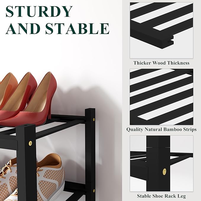 Smiry Shoe Rack, 6 Tier Small Bamboo Shoe Organizer, Stackable Free Standing Wooden Shoe Storage Shelf for Closet, Entryway, Front Door Entrance, Black