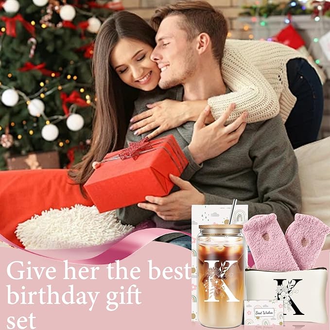 Unique Initial Glass Cup with Lids and Straws, Monogrammed Gifts Box Included Makeup Bag, Christmas Birthday Gifts for Women Mom Sister Grandma, K