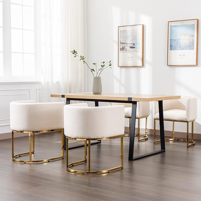 Linen Fabric Dining Chairs Set of 8 Modern Barrel Arm Chairs with Golden Frame, Upholstered Kitchen Chairs 18.5" Wide Accent Chairs for Living Room Dining Room Restaurant, Cream
