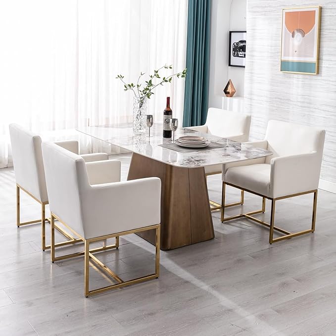 Upholstered Dining Chairs with Arms Set of 2 Mid Century Modern Accent Chairs Armchairs with Gold Metal Frame, Velvet Modern Kitchen & Dining Room Chairs, Cream