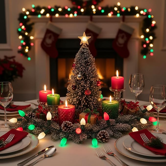 C7 LED Red White and Green Christmas Lights,25ft Vintage Ceramic Christmas String Light with 27 Multicolor LED Bulbs(2 Spare),Outdoor Hanging Lights for Garden House Xmas Garland Tree Decor
