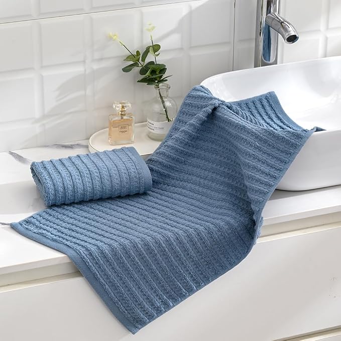 sense gnosis Blue Hand Towel Set of 2 Ultra Soft 100% Cotton Waffle Terry Striped Absorbent Lightweight Fast Drying Decorative Hand Towels for Bathroom 13" X 29"