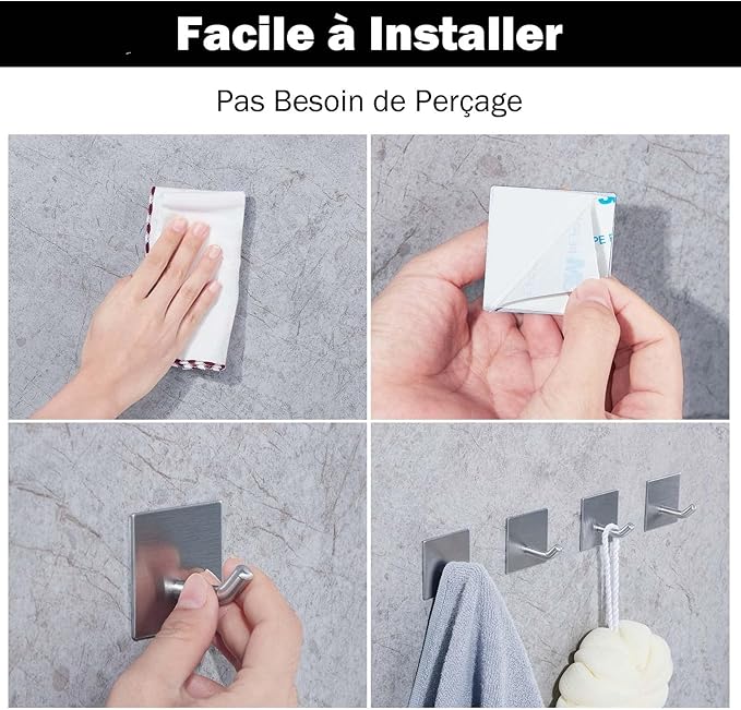 Heavy Duty Adhesive Hooks, Stick on Wall Adhesive Hangers, Strong Stainless Steel Holder, Self Adhesive Hooks for Kitchen Bathroom Home Door Towel Coat Key Robe 4 Packs Silver