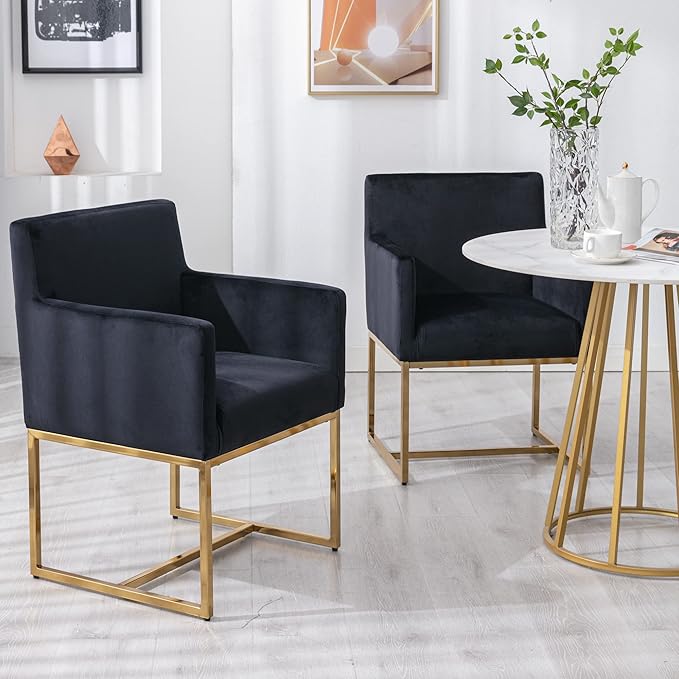Set of 6 Upholstered Velvet Dining Chairs with Armrest, Mid Century Modern Accent Armchairs, Modern Kitchen & Dining Room Chairs with Gold Frame, Black