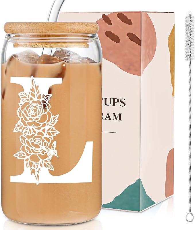 Christmas Gifts for Women: Initial Glass Cup as Office Graduation Memorial Holiday Personalized Gifts - for Mom Grandma Wife Girlfriend Sister Daughter Friend Christmas Gifts - L Aesthetic Cup