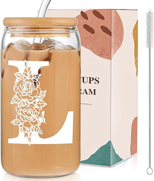 Christmas Gifts for Women: Initial Glass Cup as Office Graduation Memorial Holiday Personalized Gifts - for Mom Grandma Wife Girlfriend Sister Daughter Friend Christmas Gifts - L Aesthetic Cup