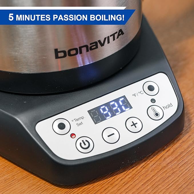 Bonavita 1L Digital Variable Temperature Gooseneck Electric Kettle for Coffee Brew and Tea Precise Pour Control, 6 Preset Temps, Café or Home Use, 1200 Watt, LED Panel, Stainless Steel