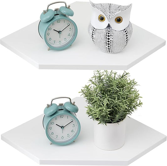 Corner Floating Shelves, White Corner Wall Shelf Set of 2, Solid Oak Wood Floating Shelves Wall Mount Shelf with Wire Hole Small Plant Display for Kitchen Living Room Bedroom