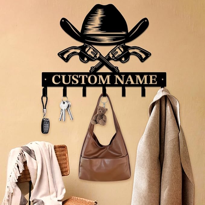 Personalized Custom Name West Cowboy Keys Hooks,Metal Cowboy Art Clothes Keys Hooks,Metal Cowboy Lover Wall Home Storage Decorative Keys Hooks,Key Holder Hooks for Wall (Style J)