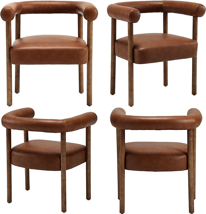 Mid-Century Modern Dining Chairs Set of 6, Armrest Barrel Dining Chairs Side Accent Chairs with Curved Back, Upholstered Wood Armchairs for Kitchen, PU Leather Brown