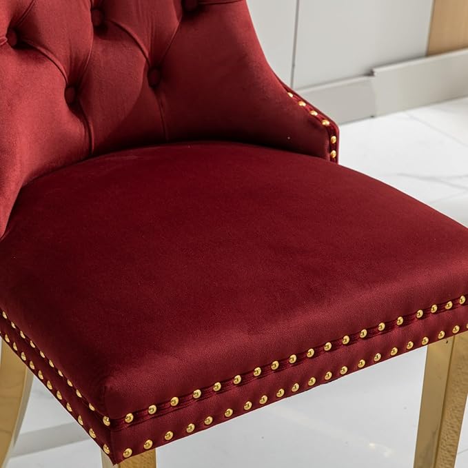 Goujxcy 7 Piece Glass Dining Table Set Modern Glass Dining Table Set for 6, 61" Rectangular Gold Kitchen Table and 6 Velvet Upholstered Wine Red Chairs, Gold Table & Burgundy Chair