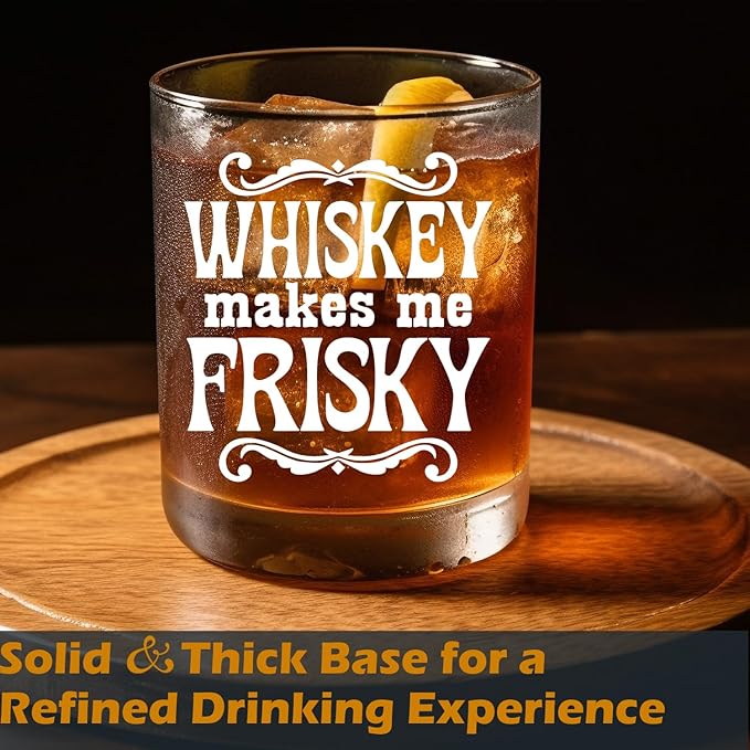 Whisky Lovers Gifts Old Fashioned Whiskey Glasses, Whisky Gifts for Women Men, Whiskey Makes Me Frisky 10 oz Rocks Barware Cup for Cocktail Drinks Scotch Bourbon Liquor