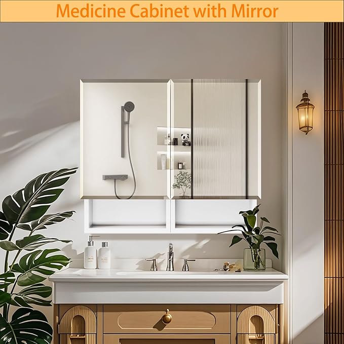 Medicine Cabinet with Mirror, 32x26 Inch Bathroom Mirrored Cabinet with Double Doors, Extra Storage Space, Bevel Mirror Wall Cabinet, Recessed or Surface Mount