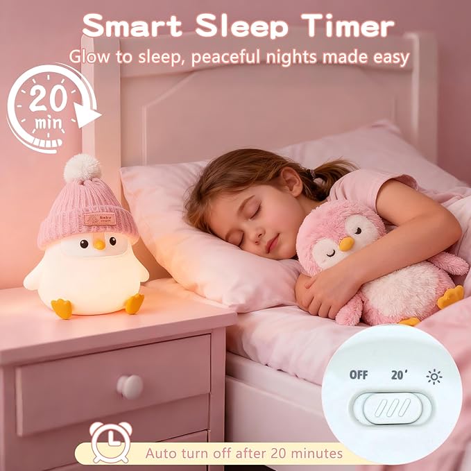 Penguin Silicone Night Light, Cute Pink Penguin Lamp with Hat, Nursery Nightlight for Baby , Rechargeable/Dimmable,LED Squishy Novelty Animal Bedside Touch Lamp,Funny Christmas Gifts for Kids/Girls