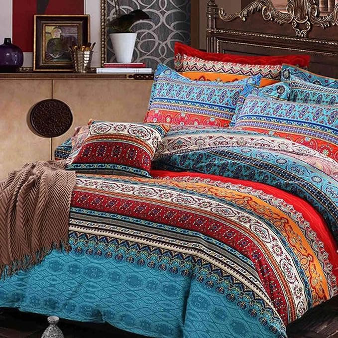 Bohemian Full Comforter Set - Soft Chic 3 Pieces Bedding, Lightweight Exotic Red Teal Mandala Colorful Vintage Bed Set for All Seasons (Full, Boho)