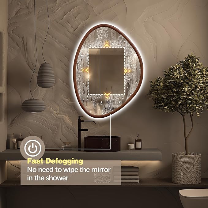 Irregular LED Bathroom Mirror with Lights, 32"x24" Wood Framed LED Vanity Mirror, Anti-Fog Smart Mirror with 3 Colors Dimmable for Living Room Bathroom Entryway, Walnut