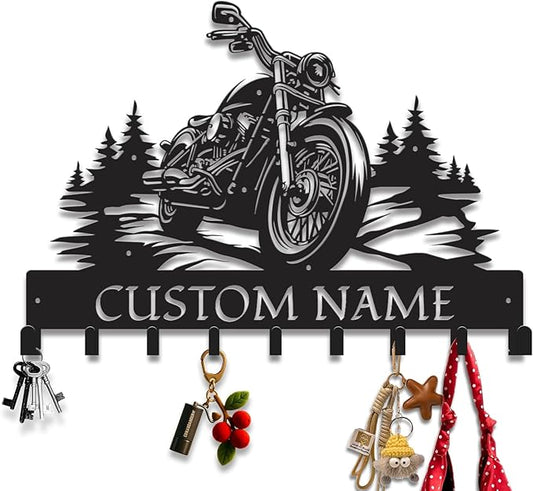 Personalized Motorcycle Metal Key Holder, Custom Last Name Metal Wall Sign, Hanging Storage Rack for Garage and Home Decor (Style-2)