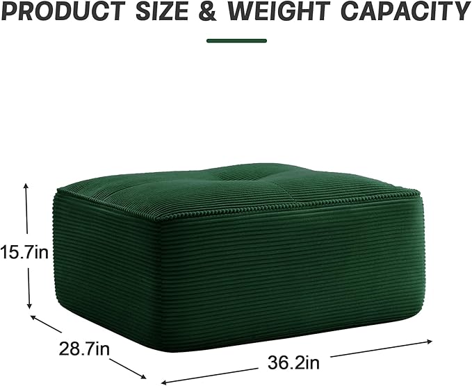 Green Ottoman for Modular Sectional Sofa, Corduroy Deep Seat for Oversized Compressed Boneless Sectional Couches for Living Room Bedroom Apartment, Cloud Sofa Couch, Memory Foam, No Assembly