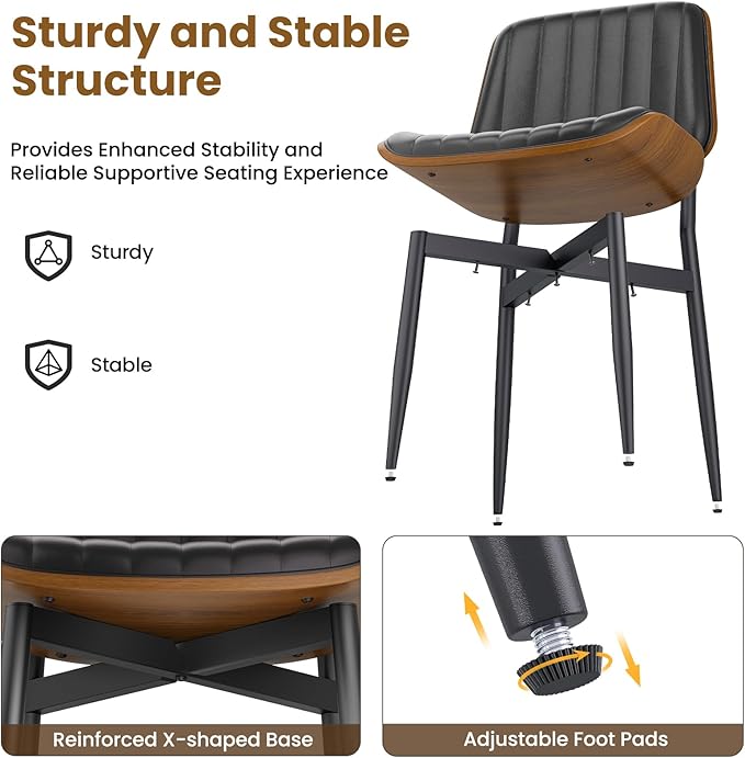 Dining Chairs Set of 8, FSC Certified Mid Century Modern Dining Room Kitchen Chairs, Upholstered PU Leather Vertical Stripe Chairs for Vanity with Walnut Bentwood and Metal Legs, Black