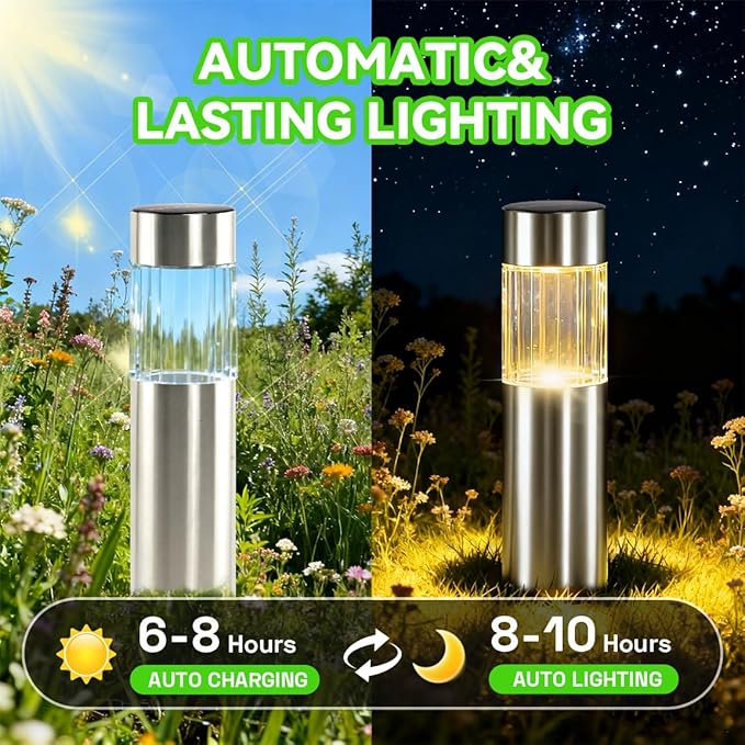 Solar Lights Outdoor Waterproof 4 Pack, Bright 35LM 3000K Warm White LED Pathway Lights, IP65 Auto On/Off Wireless Stake Lamps, Decorative Outdoor Path Lighting for Entryway, Poolside, Front Porch