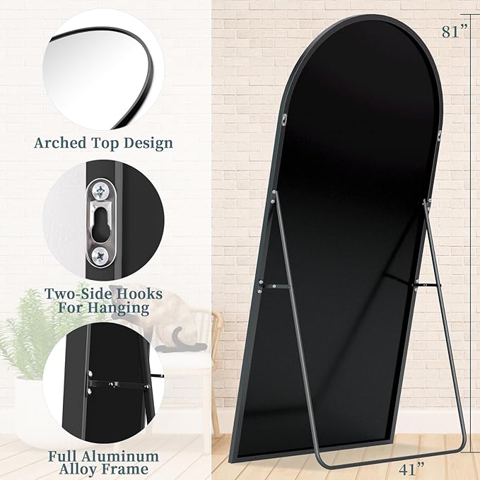 Full Length Mirror, 82"x44" Oversized Floor Mirror with Stand, Hanging or Leaning Full Body Mirrors Mirror for Bedroom, Living Room, Cloakroom, Arch, Black