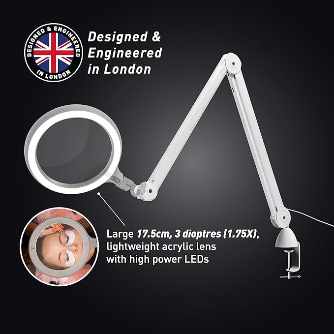 Omega 7 LED Magnifying Lamp – 7" Acrylic Lens, 3 Diopter (1.75X) Magnification, 6,300 Lux at 6”, 4 Brightness Levels, Adjustable Arm, Professional-Grade Light for Precision Tasks