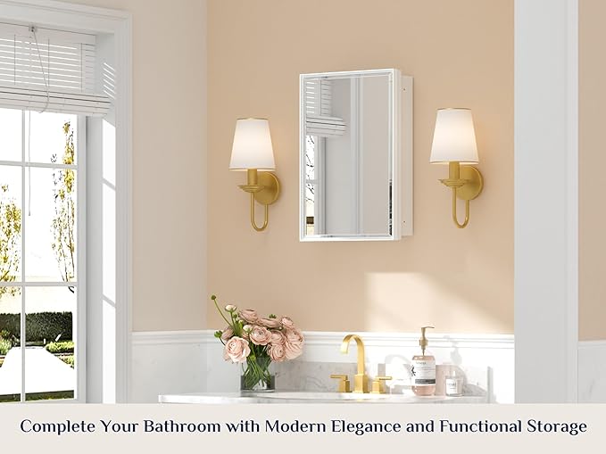 Keonjinn 16" x 24" White Medicine Cabinets for Bathroom with Mirror, Recessed or Surface Wall-Mounted Aluminum Alloy Framed Beveled Mirror, Single Door Farmhouse Bathroom Mirror with Storage Cabinet