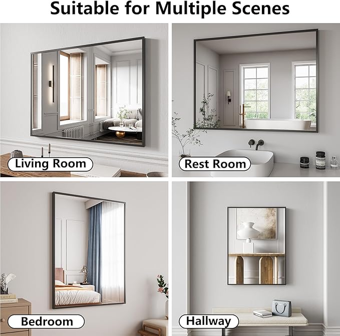 Koonmi Bathroom Mirror for Wall, 30"x40" Black Bathroom Mirror for Over Sink, Shatterproof Tempered Glass Vanity Mirror with Anti-Rust Aluminum Alloy Frame, Hang Horizontally or Vertically