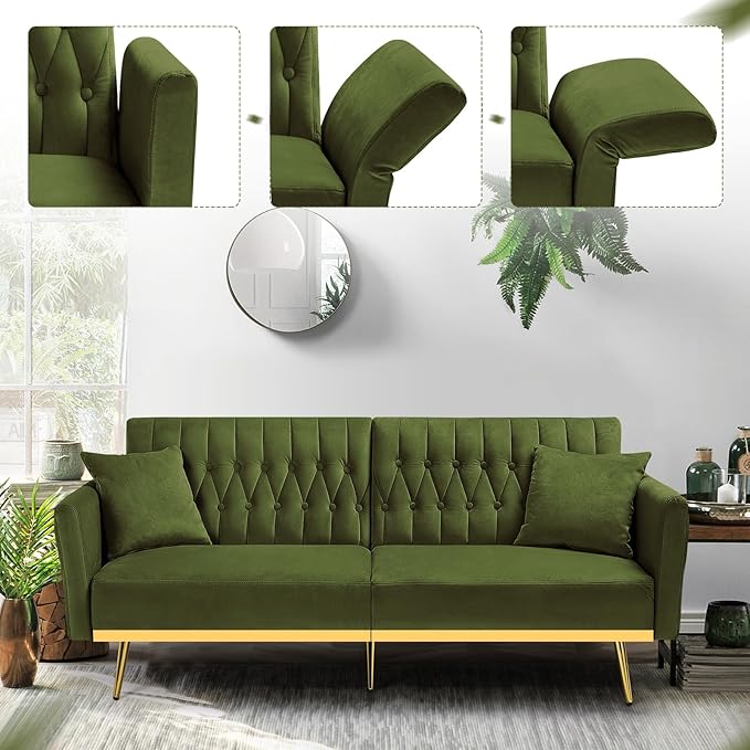 70” Velvet Futon Sofa Bed w/Adjustable Armrests & 2 Pillows, Convertible Futon Couch w/Adjustable Backrests, Modern Sleeper Bed for Living Room, Bedroom, Olive Green