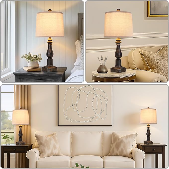RORIANO 23" Set of 2 Vintage Farmhouse Table Lamp for Living Room Bedroom, Rustic Modern Resin Nightstand Bronze Desk Lamps for Entryway Office, 2 Bulbs Included