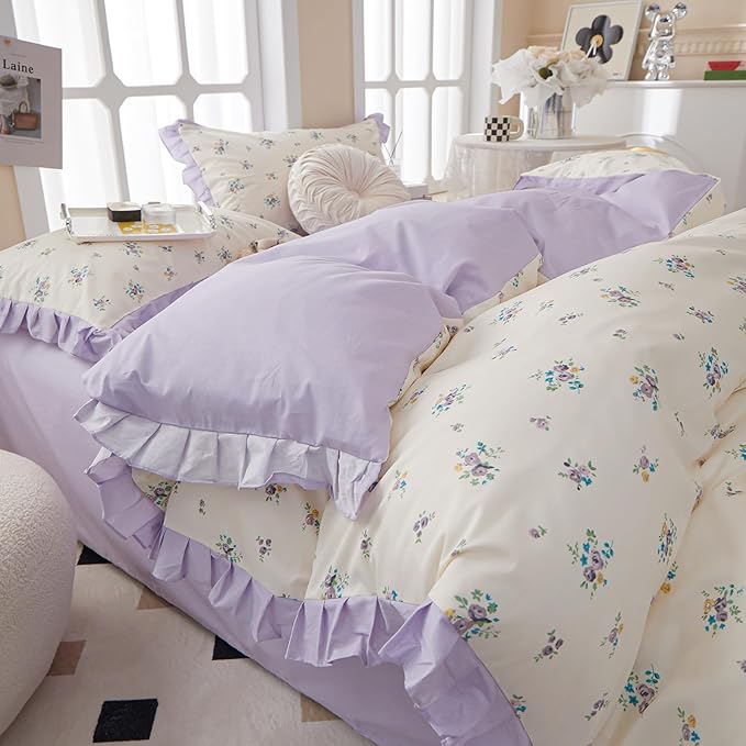 Lace Floral Duvet Cover Twin Cotton Purple Flower 3 Pieces Girls Comforter Cover Garden Style Princess Bedding Set Boho Botanical With Zipper Closure