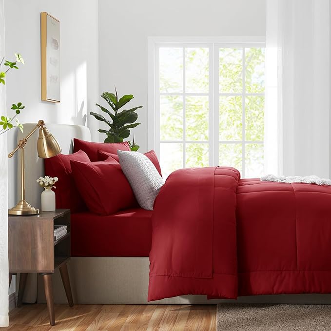 CozyLux King Size Comforter Set Dark Red, 7 Pieces Bed in a Bag, Red Comforter King Size, All Season Bedding Sets with Stitch Quilted Comforter, Flat Sheet, Fitted Sheet, Pillowcases