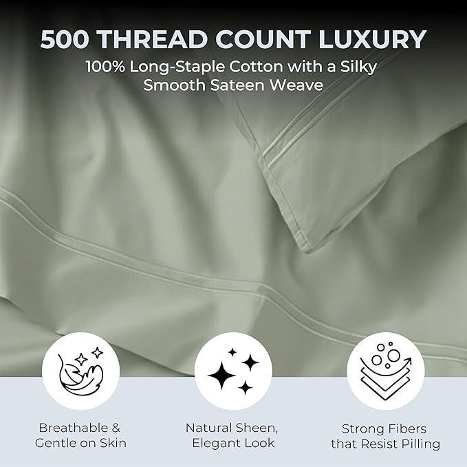 100% Natural Cotton Bed Sheets | 500 TC Single-Ply Sateen Weave Twin XL Sheets | Soft, Breathable, Hypoallergenic Solid 3-Piece Bedding with Deep Pocket Fitted, Flat, Pillowcase | Sage