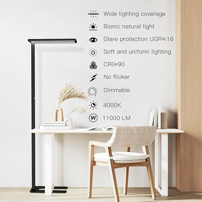 STERREN Eye-Care Led Floor Lamp,76" Tall Office Floor Lamp, 105W Black Modern Free-Standing Lamp,11100LM Bright Reading Lamp for Study Room,Living Room,Meeting Room,4000K