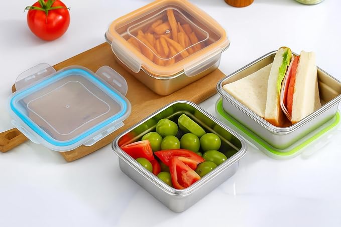 Set of 3 Stainless Steel Sandwich Containers - Food Grade Metal Base with a BPA Free Leakproof & Airtight Silicone Seal Lid. Great for Sandwiches, Snacks, Meal Prep & Food Storage - Blue/Green/Orange