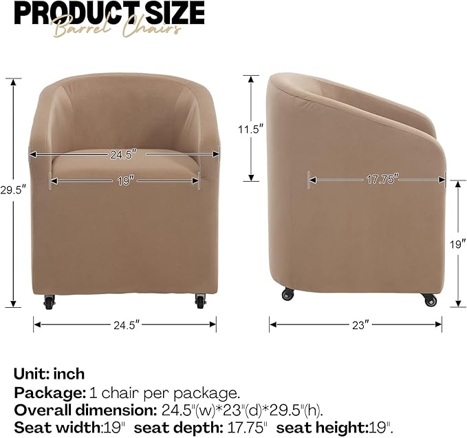Khaki Barrel Dining Room Chairs with Swivel Casters Set of 2 Velvet Upholstered Modern Dining Chairs with Arms Back Accent Side Chairs for Living Reading Room Kitchen Bedroom