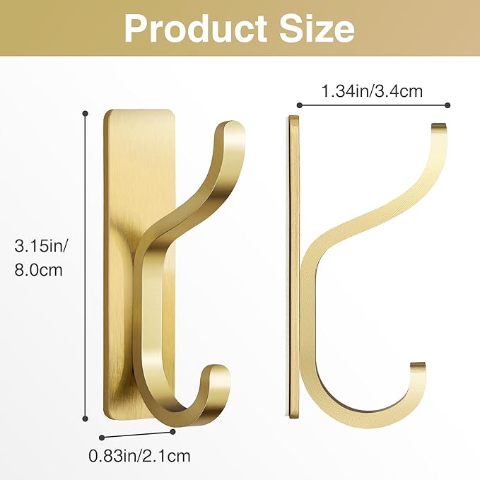 pickpiff 10-Pack Adhesive Wall Coat Hooks - Heavy Duty Stick-On Door Hanger, Metal Hook for Hanging Towel,Purse, Robe, Backpack, Jacket, Clothes - for Bathroom,Dorm, Closet, Kitchen - Brushed Gold