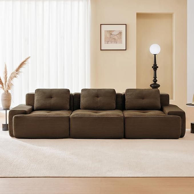 115" Modern Compressed Boneless Couch, 3 Seater Sectional Couches for Living Room, Brown Corduroy Cloud Modular Sectional Sofa, Comfy Memory Foam, Extra Deep, Sofas para Sala, No Assembly