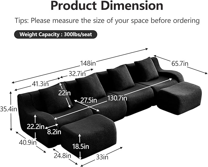 Black U-Shaped Cloud Couch with 2 Ottomans, Modern Teddy Fabric Boneless Sectional Sofa in a Box for Living Room, Modular Floor Couch, Deep Seat, No Assembly Required, Sofas para Sala