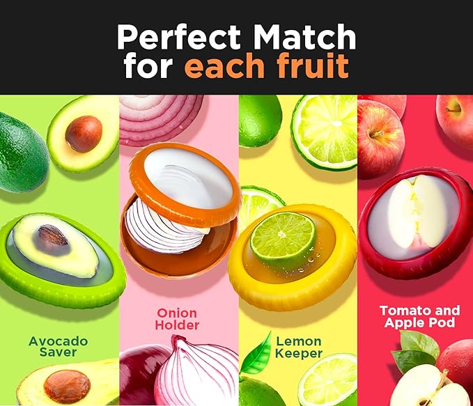 Avocado Saver & Onion Storage –Set of 4 BPA-Free Food Containers with Silicone Lids – Reusable Fruit and Veggie Savers, Fresh Pods for Food – Perfect for Tomato Holder, Garlic, Lemon & More